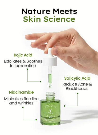 Skincare product with dropper and bottle, labeled ingredients and benefits on a white background.