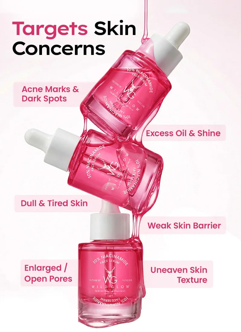 Pink skincare serum bottles with text highlighting skin concerns on a white background