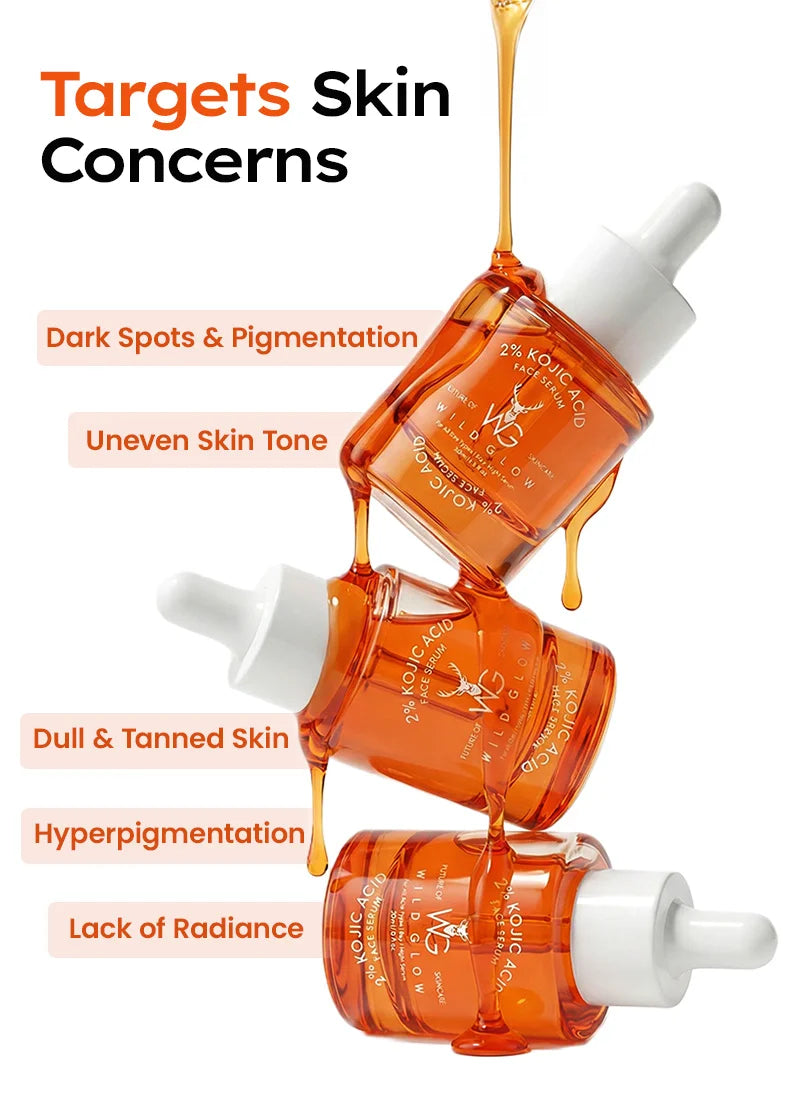 Orange skincare serum bottles with droppers on a white background, targeting skin concerns.