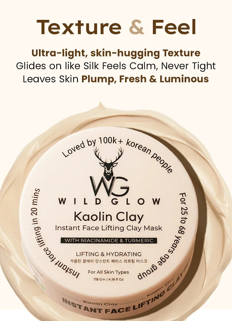 Wild Glow Kaolin Clay face mask packaging with text about texture and benefits.