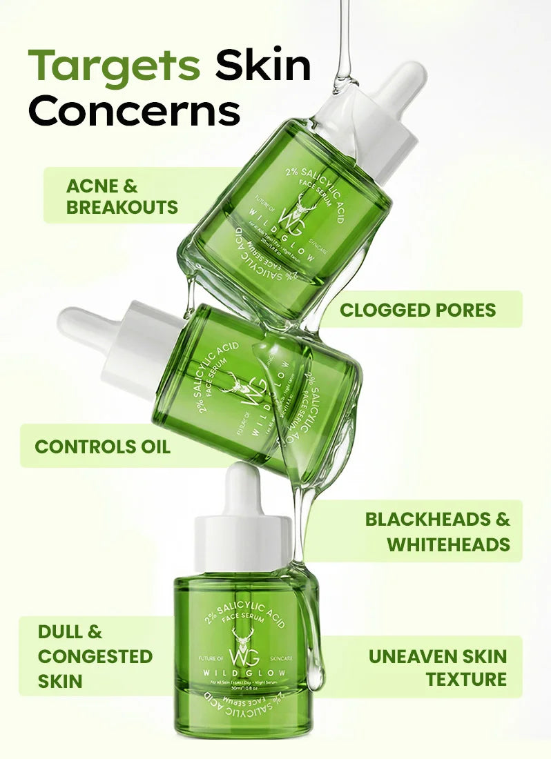 Green skincare serum bottles with text highlighting skin concerns they address.