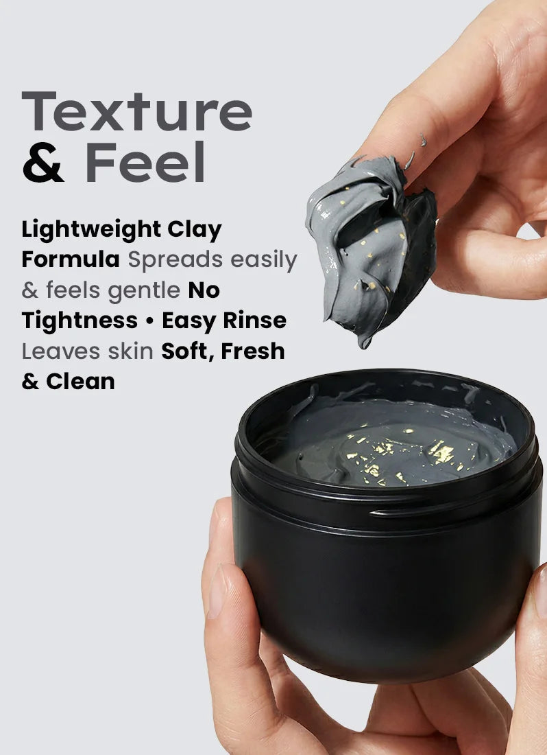 Hand holding a black container of clay product with text about its texture and feel.