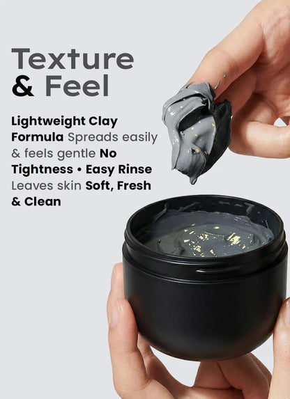 Hand holding a black container of clay product with text about its texture and feel.