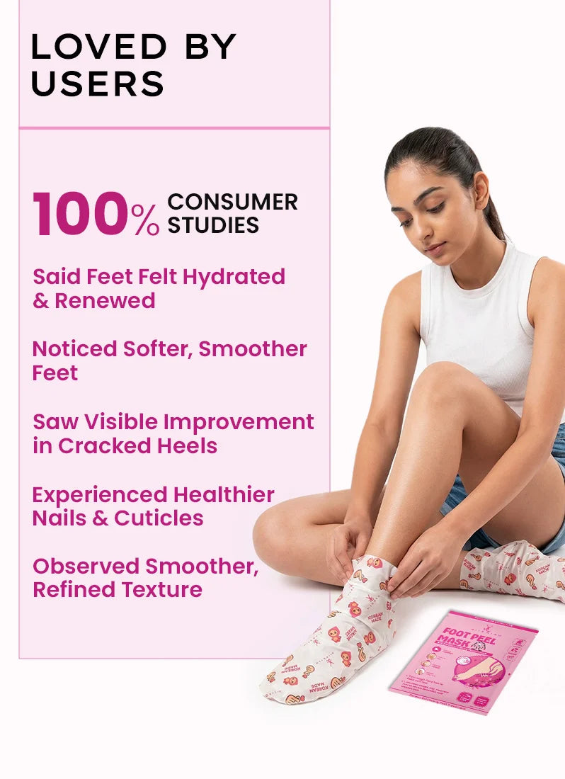 Woman applying foot mask with text on consumer studies benefits