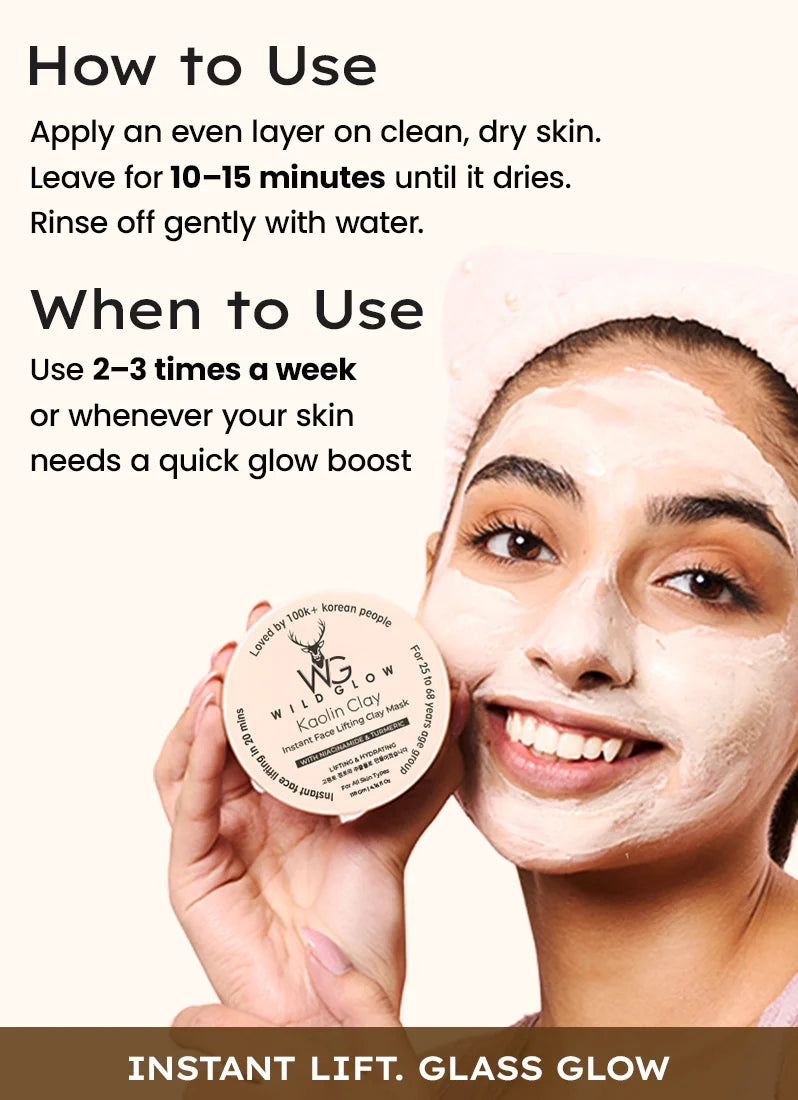 Woman applying a facial mask with product packaging, instructions on how to use, and benefits.