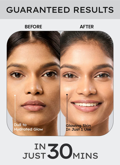 Before and after comparison of a woman's face with text indicating 'Guaranteed Results' and 'In Just 30 Mins'.
