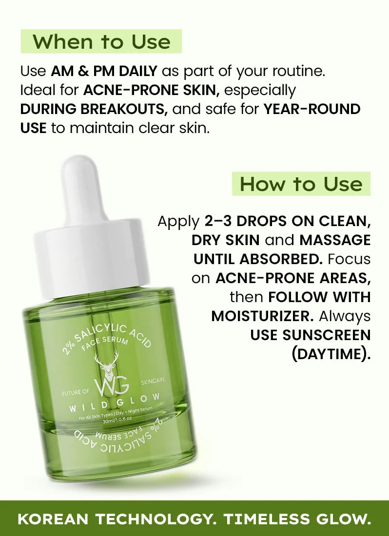 Green skincare serum bottle with dropper on a white background, labeled 'Wild Glow'.