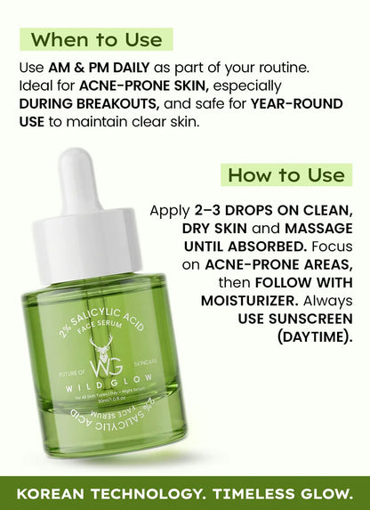 Green skincare serum bottle with dropper on a white background, labeled 'Wild Glow'.