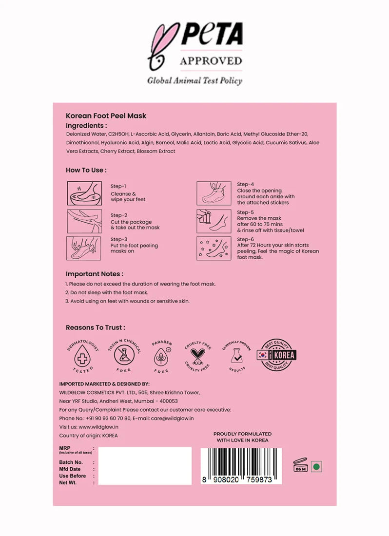 Back of a pink Korean foot peel mask packaging with PETA approval logo and usage instructions.