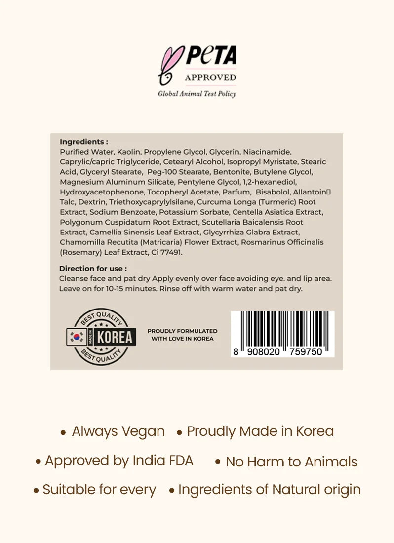 Product label with ingredients list, PETA approval logo, and other text on a white background