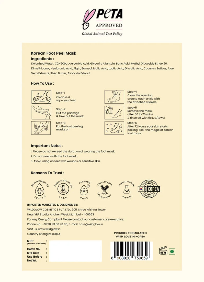 Back of a Korean foot peel mask packaging with instructions and PETA approval logo.