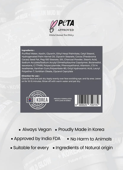 Product label with PETA approval, South Korea quality mark, and ingredient list on a white background.