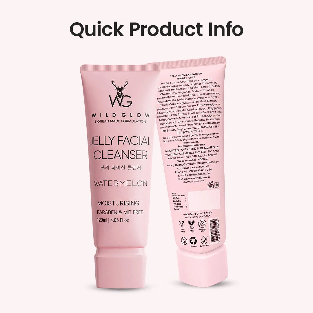 Pink Wildglow Jelly Facial Cleanser Watermelon tube shown front and back with 'Quick Product Info' text above on a pale pink background.