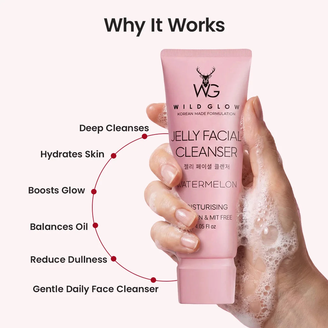 A hand holding a pink tube of Wildglow Jelly Facial Cleanser against a pale pink background, with text listing benefits such as deep cleansing, hydration, and glow boost. The tube is labeled Watermelon and shows the Wildglow brand logo.
