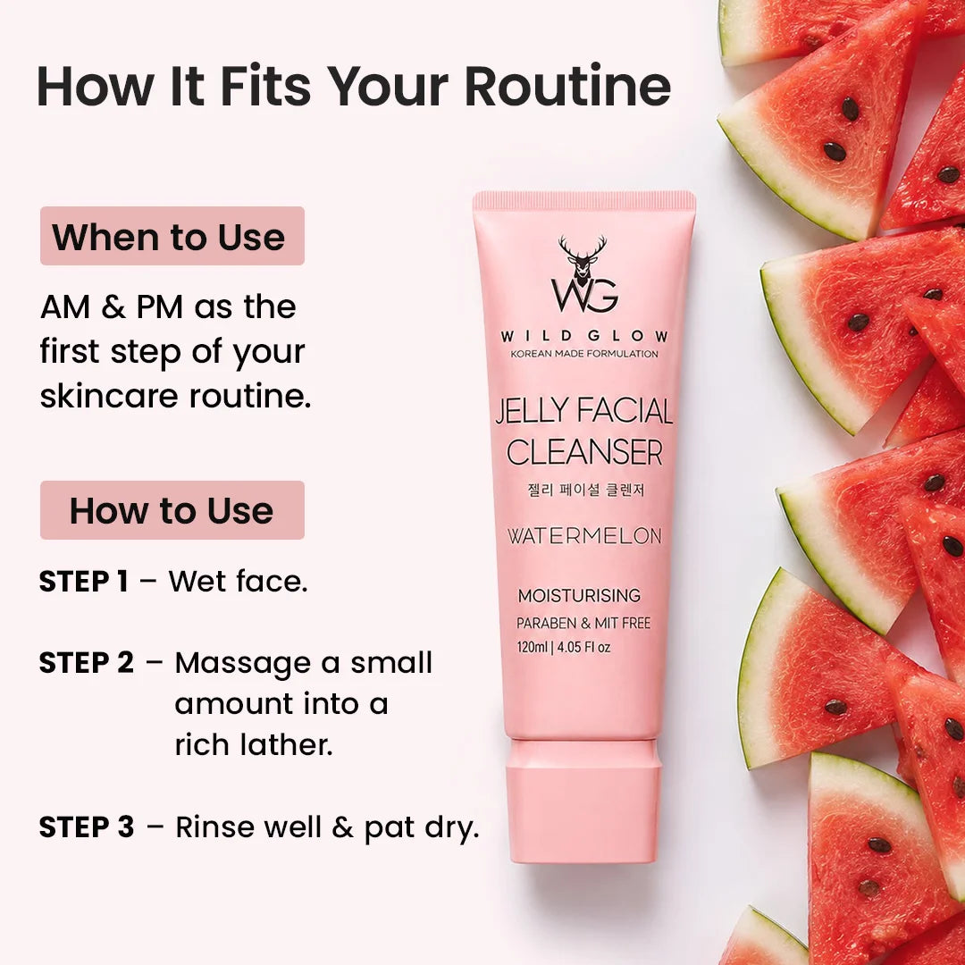 Pink Wild Glow Jelly Facial Cleanser tube on a white background with watermelon slices along the right side and text explaining how to use it.