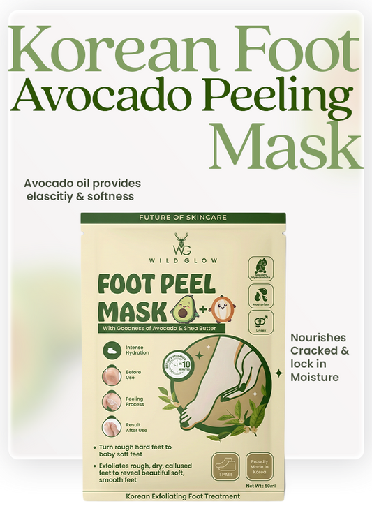 Avocado foot peel mask packaging with branding and product description.