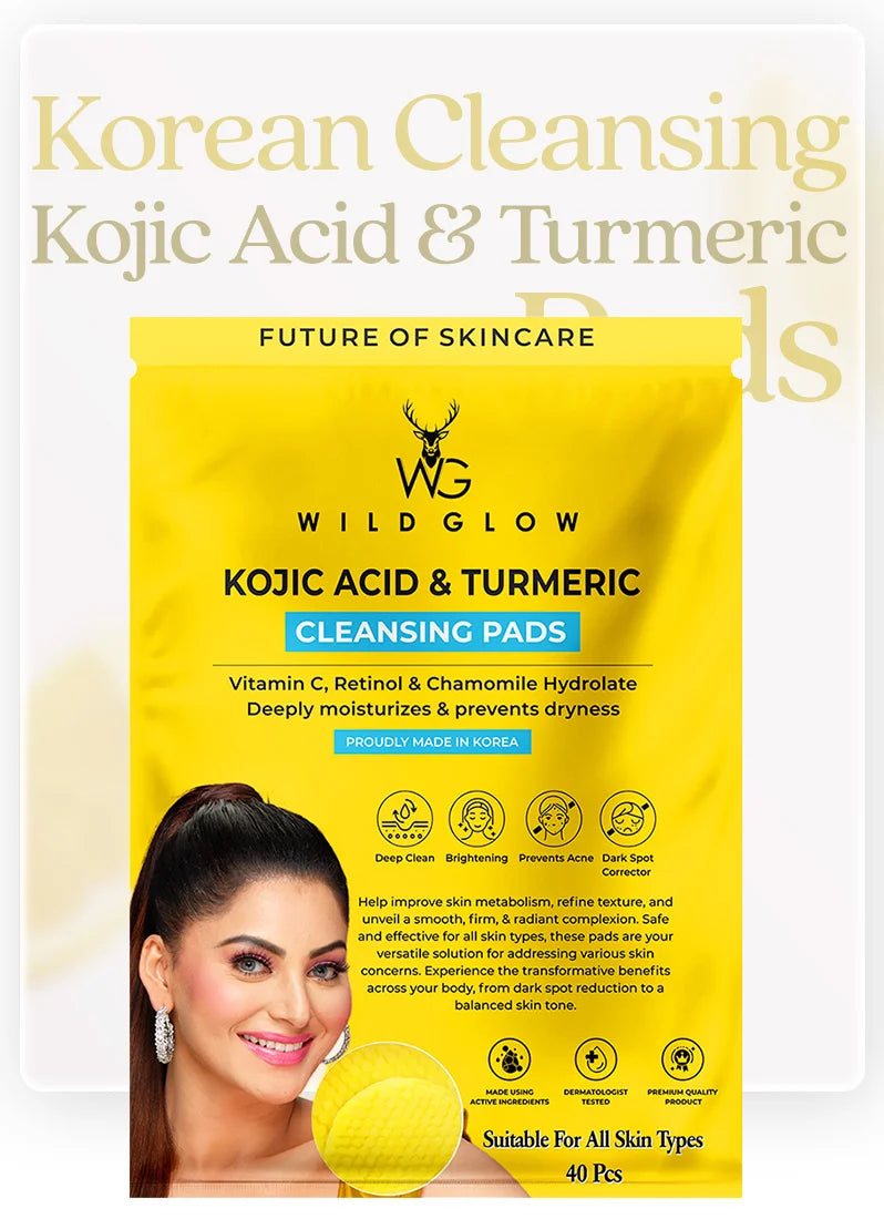 Wild Glow Kojic Acid & Turmeric Cleansing Pads packaging with a woman's face on a yellow background.
