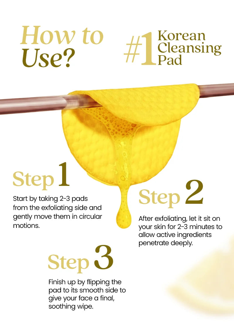 Instructions on how to use a Korean cleansing pad with a yellow pad on a white background.