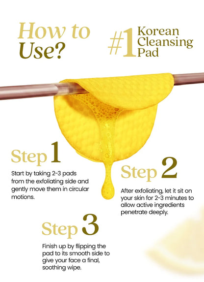 Instructions on how to use a Korean cleansing pad with a yellow pad on a white background.