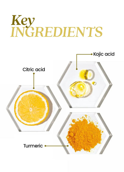 Key ingredients including citric acid, kojic acid, and turmeric on a white background.