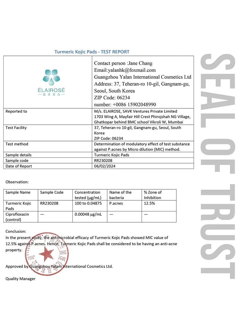 Test report for Turmeric Kojic Pads with ELAIPROSE branding on a white background.