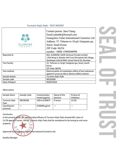 Test report for Turmeric Kojic Pads with ELAIPROSE branding on a white background.