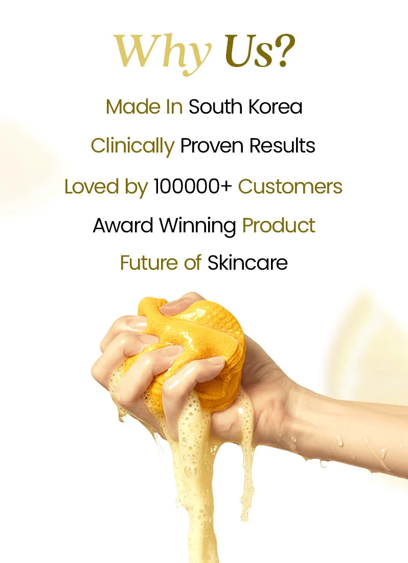 Hand squeezing a yellow skincare product with promotional text on a white background