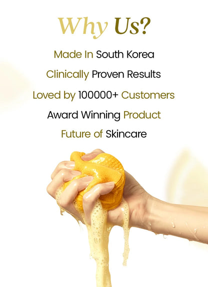 Hand squeezing a yellow skincare product with promotional text on a white background