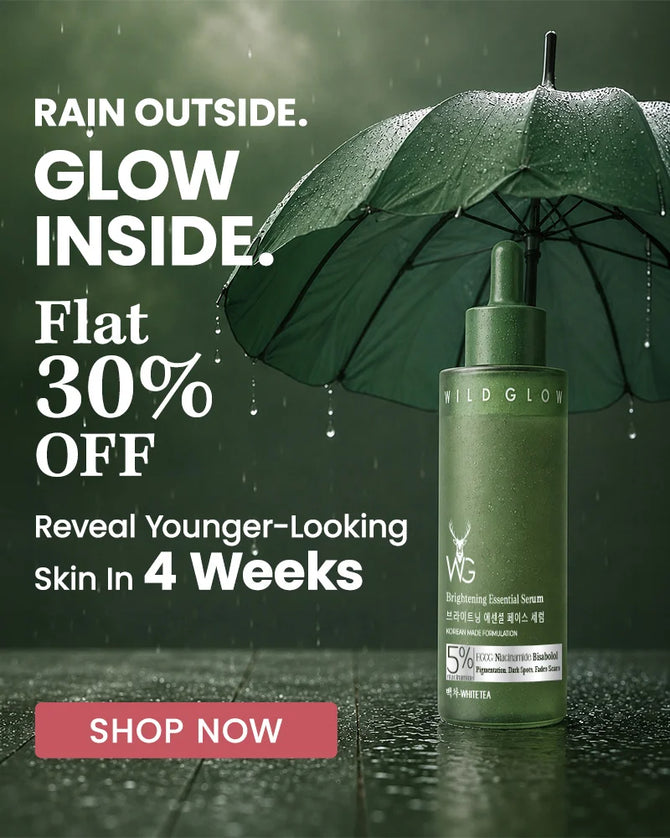 Green skincare bottle with umbrella on a dark background, promoting a skincare product with a discount offer.