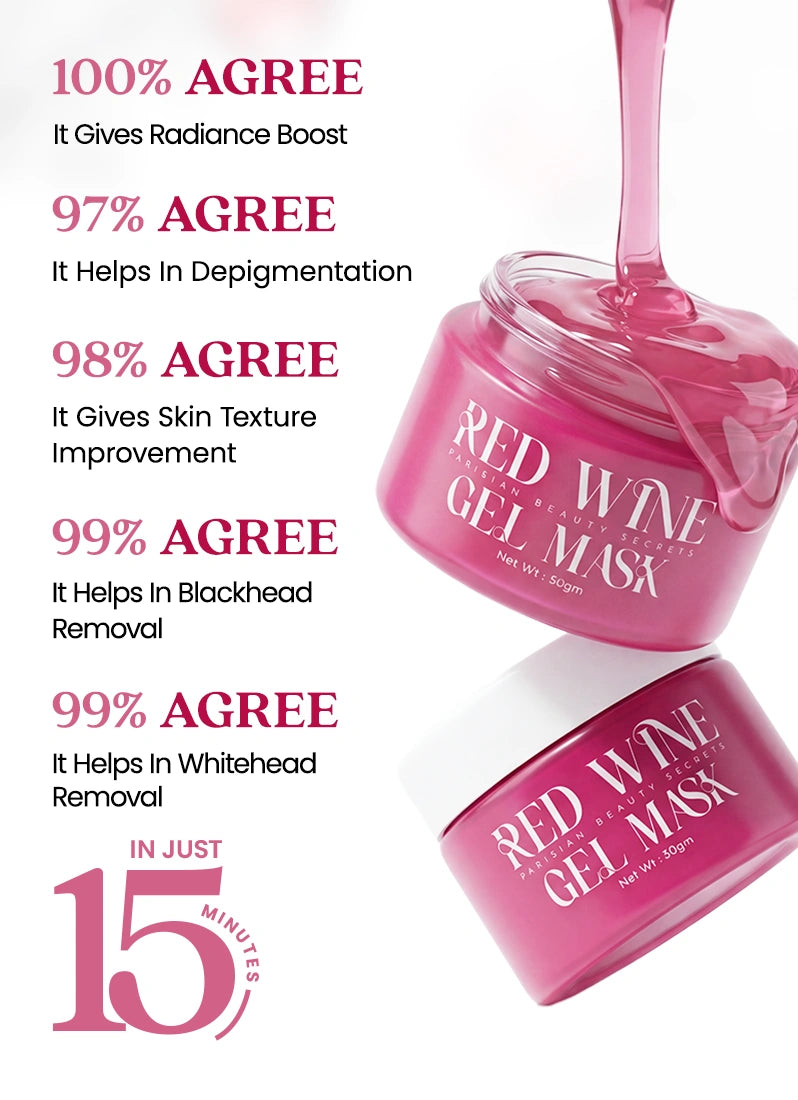 Pink red wine gel mask with text highlighting its benefits on a white background