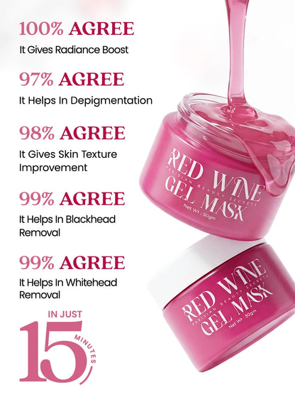 Pink red wine gel mask with text highlighting its benefits on a white background