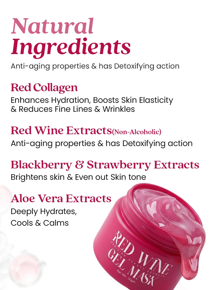 Pink gel mask with natural ingredients listed on a white background