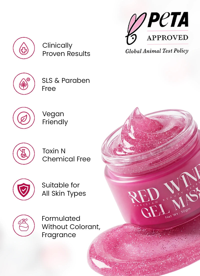 Pink gel mask with PETA approval logo and product features on a white background