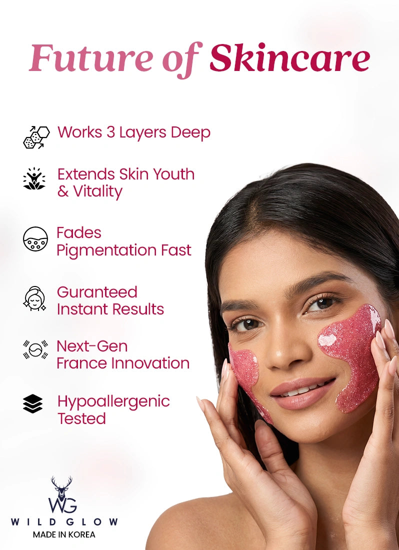 Advertisement for Wild Glow skincare product with a woman applying a pink facial mask.