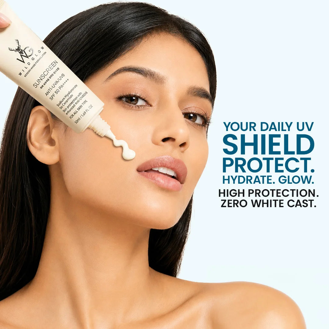 A woman applies a white cream sunscreen product from a tube labeled MG Sunscreen. The image includes text on the right that reads 'YOUR DAILY UV SHIELD PROTECT.