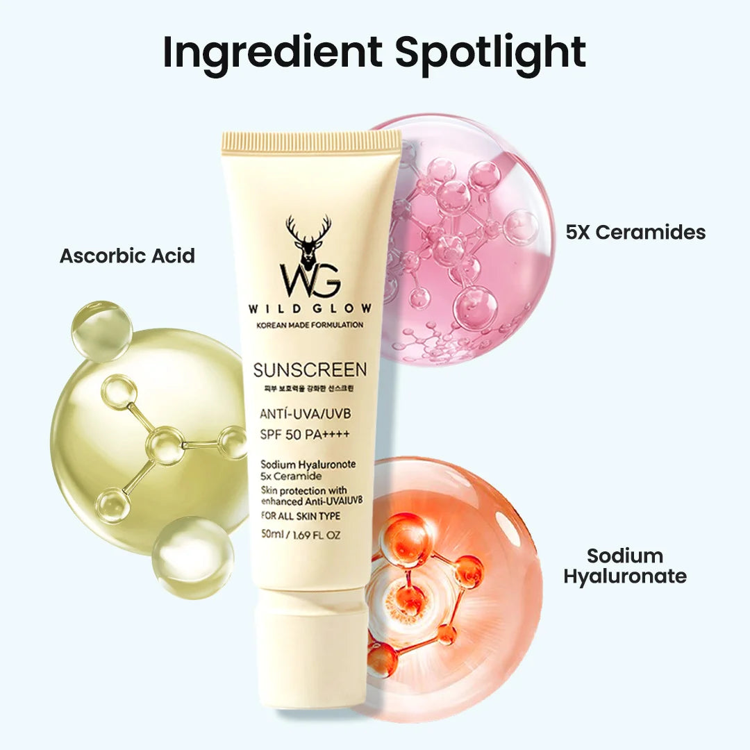 Wild Glow Sunscreen SPF 50 PA++++ tube centered on a pale blue background with ingredient callouts: Ascorbic Acid, 5X Ceramides, and Sodium Hyaluronate, plus molecular graphics and pink/orange translucent spheres.