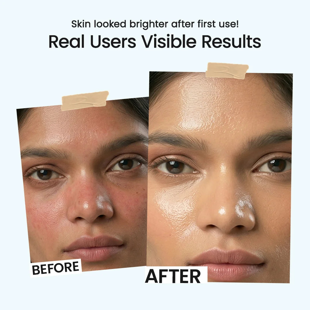 Before-and-after comparison of a woman's face showing skin improvement, with text reading 'Skin looked brighter after first use! Real Users Visible Results' on a light blue background.