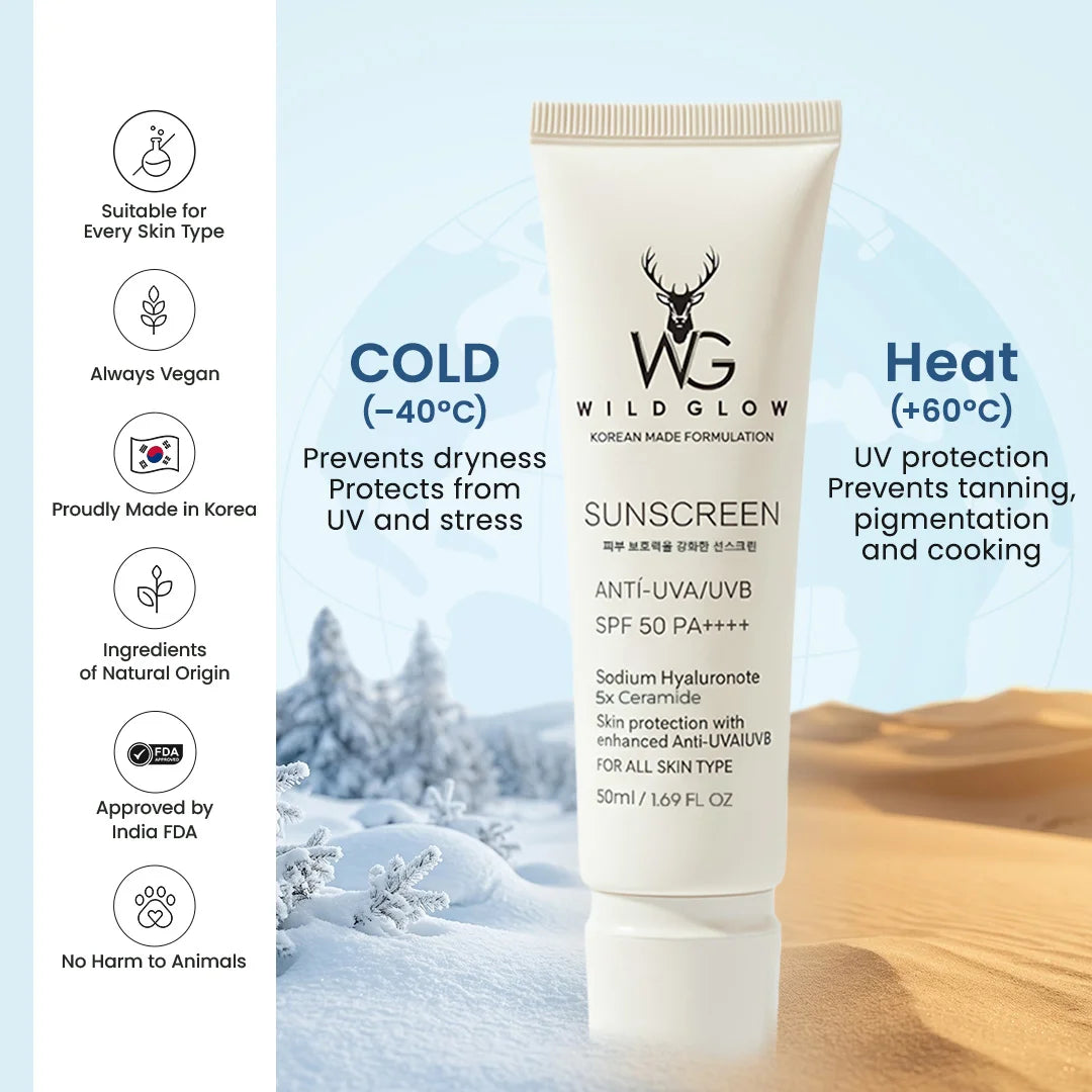 Wild Glow Korean sunscreen tube centered on a split winter-and-sunset background, with feature callouts along the left side and text about cold and heat protection.
