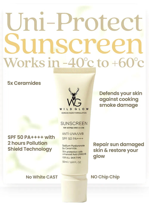 Tube of Wild Glow sunscreen with text on a white background