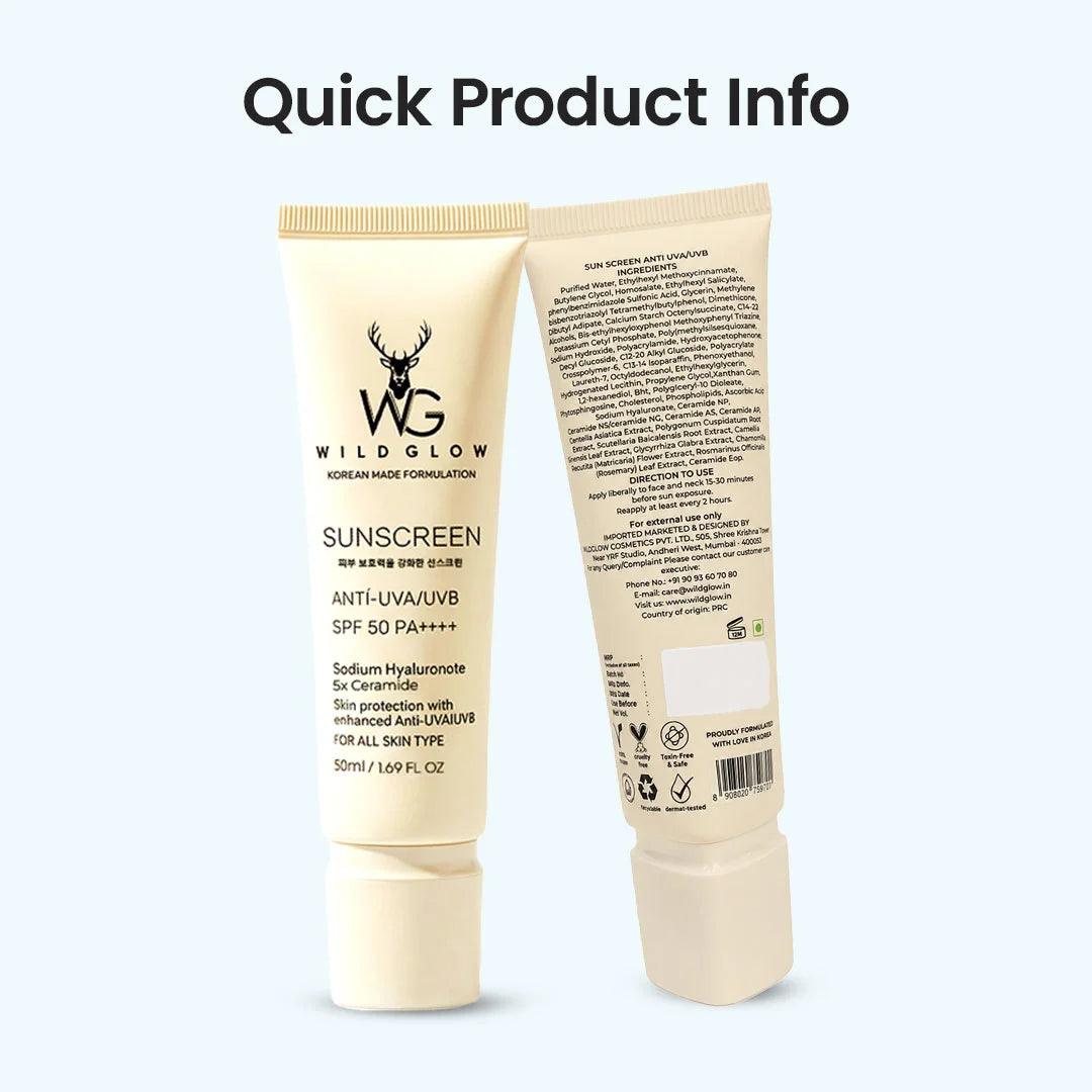 Two tubes of Wild Glow Sunscreen shown on a light blue background with the text 'Quick Product Info' at the top. One tube faces forward showing the front label, and the other shows the back label.