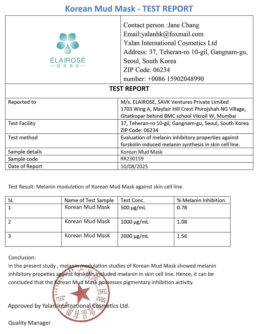 Test report for Korean Mud Mask with ELAIRESE branding and contact information.