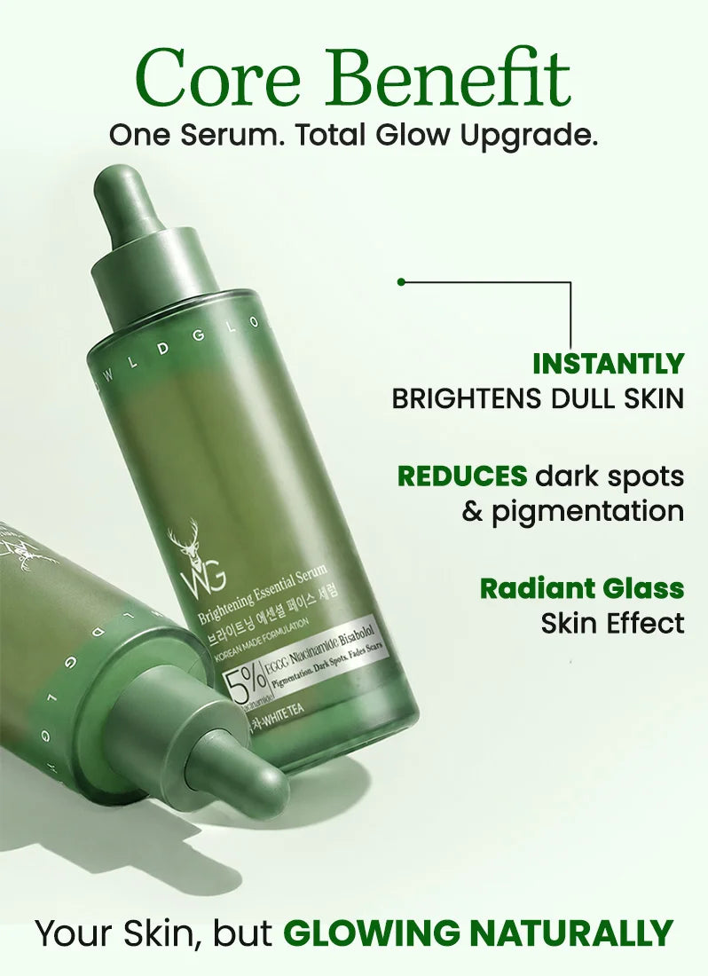 Green skincare serum bottle with text highlighting benefits on a light green background