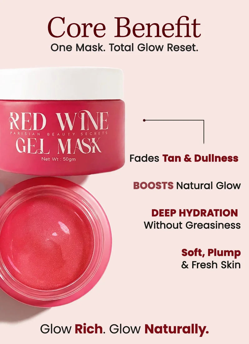 Red wine gel mask with benefits listed on a pink background
