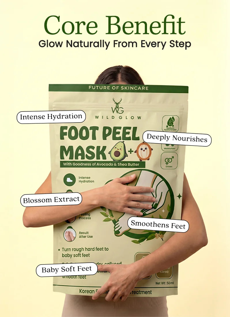 Person holding a foot peel mask package with text highlighting benefits on a beige background