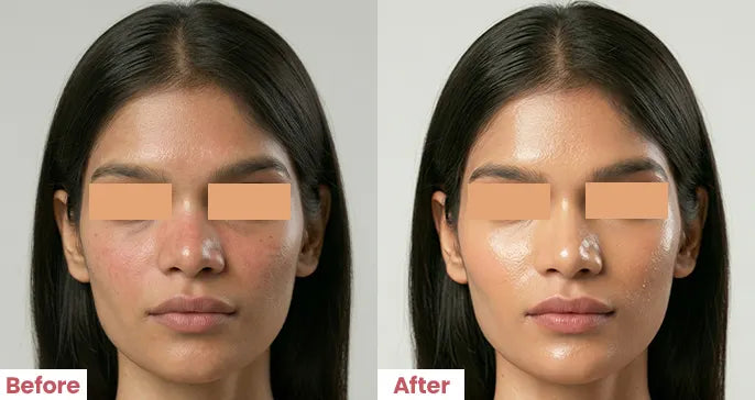 Before and after comparison of a woman's face with skin treatment application.