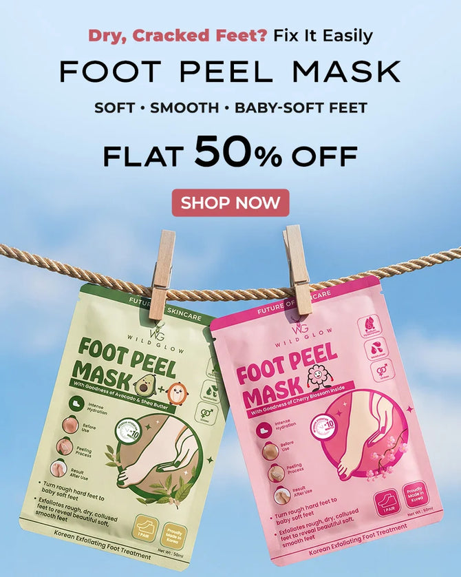 Foot peel mask packaging with promotional text on a blue sky background