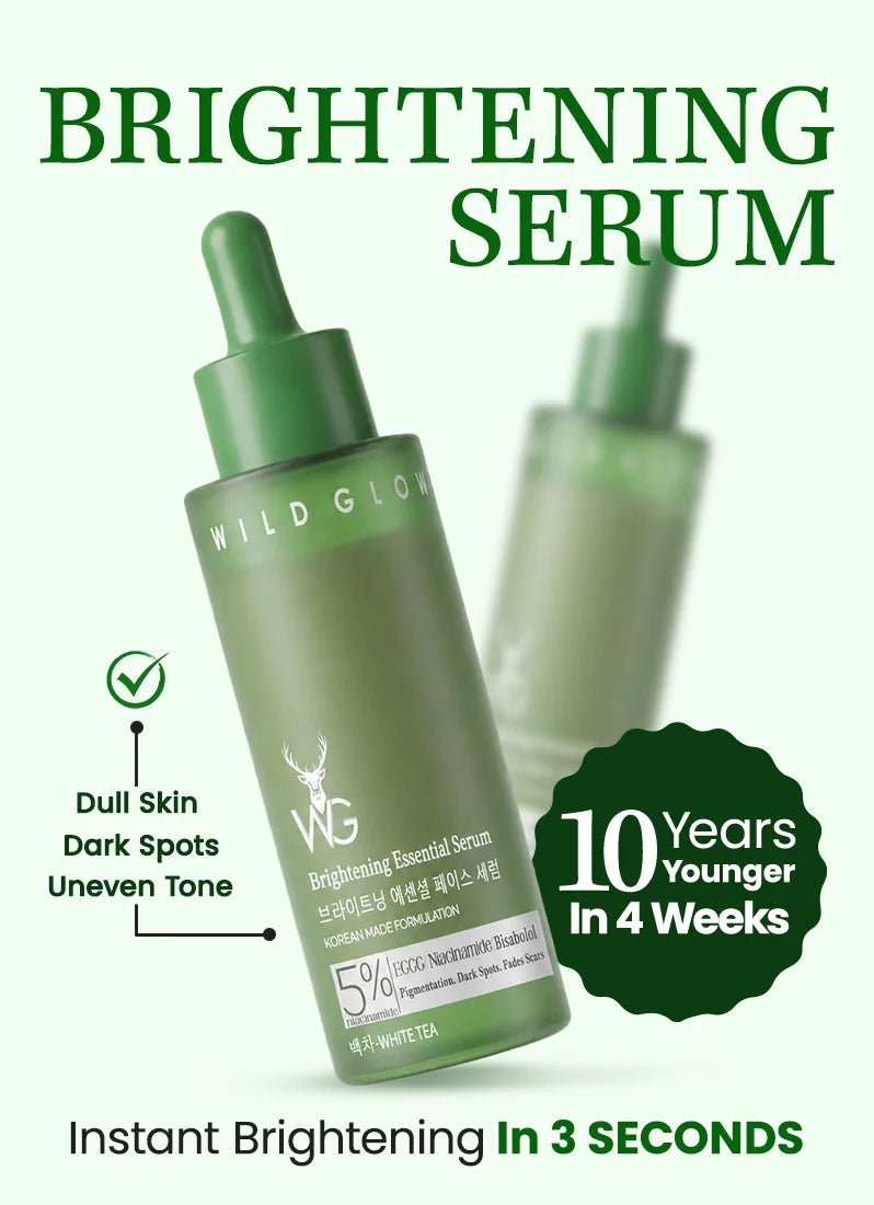 Green serum bottle with dropper labeled 'Wild Glow' on a white background