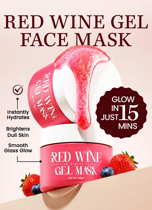 Red wine gel face mask with packaging and ingredients on a beige background
