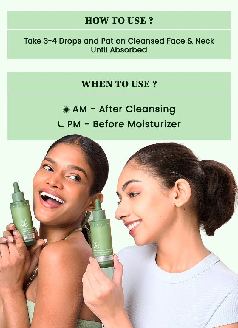 Two women holding skincare products with usage instructions on a green background