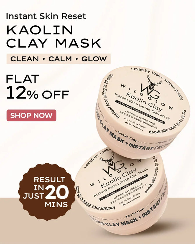 Two containers of W.Lee O'W Wildflower Kaolin Clay Mask with promotional text on a beige background.